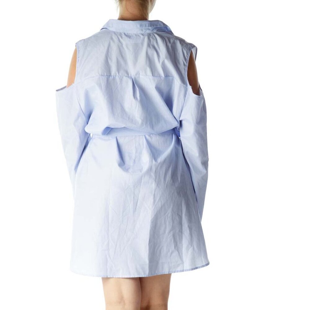 Impulsive Blue White Pinstripe Off-Shoulder Day Dress - Picture 3 of 3